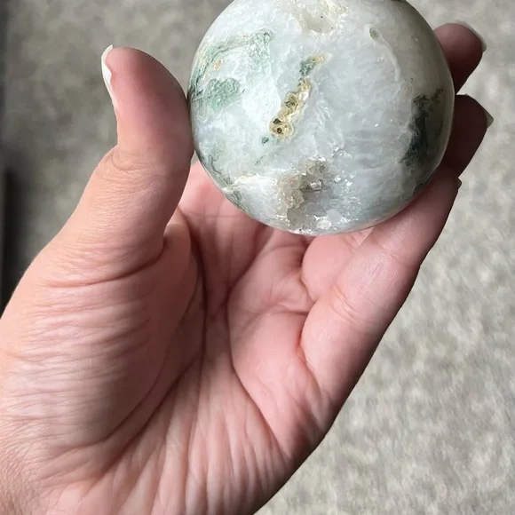 Moss Agate Sphere w/ Heart-Shaped Druzy Pocket - Picture 11 of 17